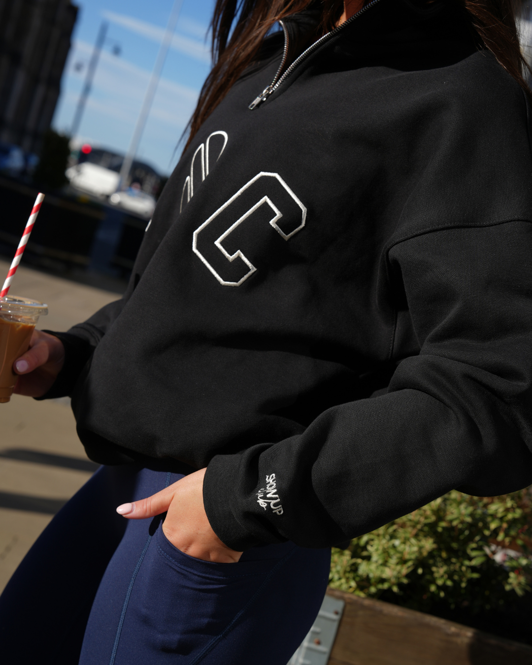 Funnel Neck Relaxed Fit Half Zip - Black