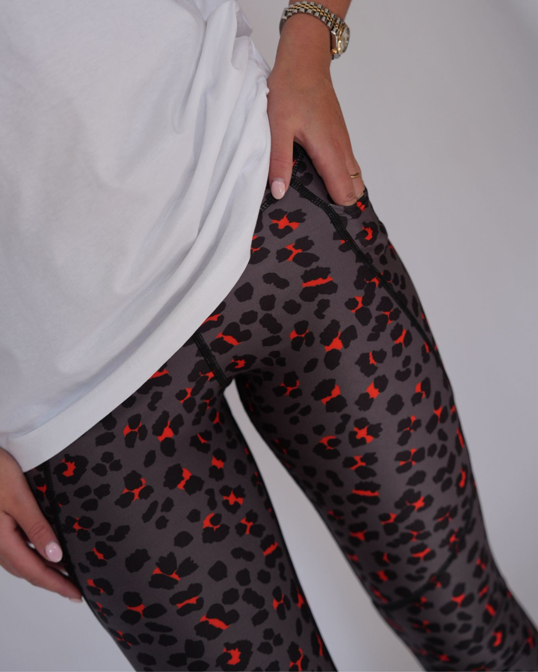 RISE Compression Leggings - Grey and Red Leopard