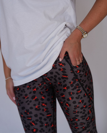 RISE Compression Leggings - Grey and Red Leopard